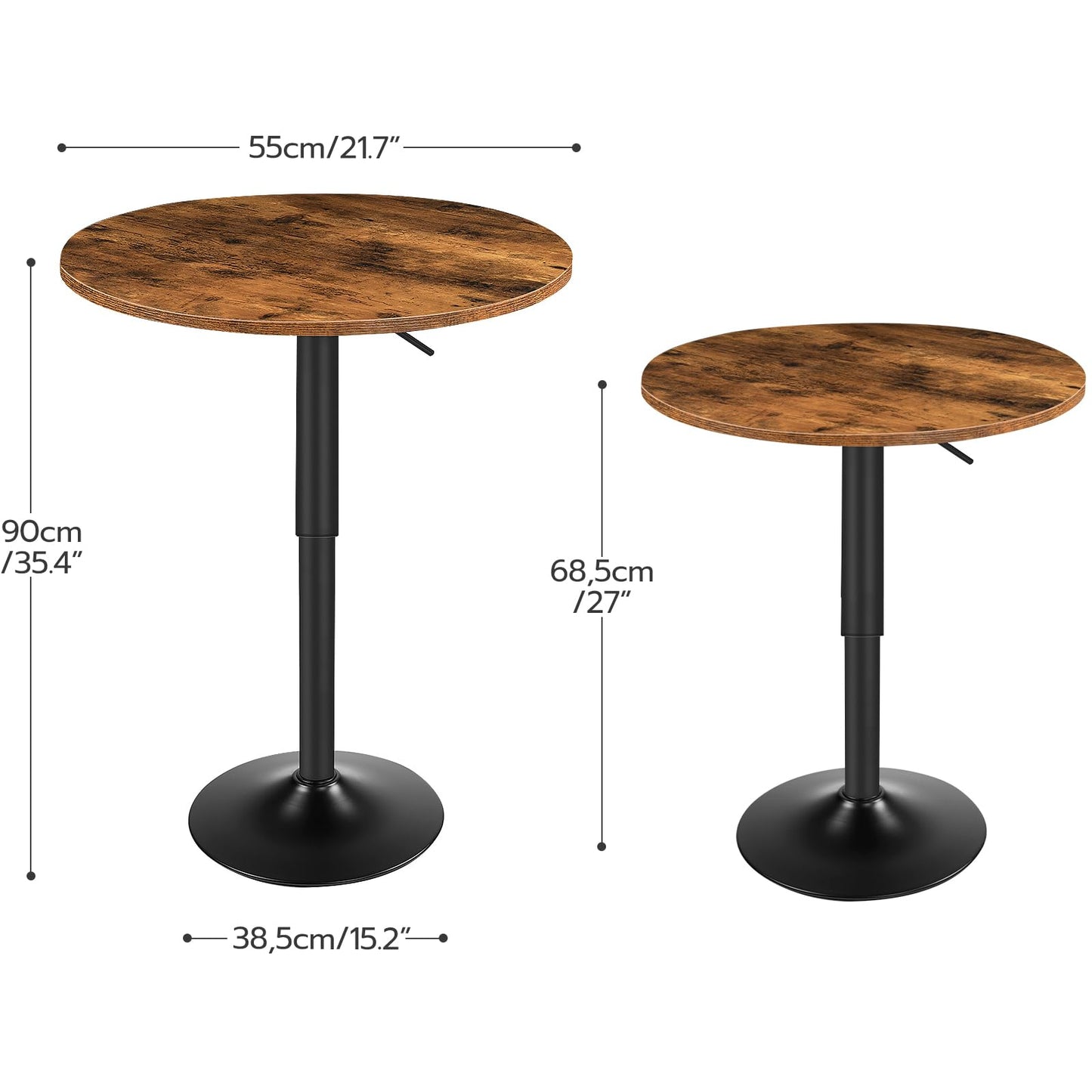 Detailed dimensions and height adjustment specifications chart of HOOBRO adjustable bar table.