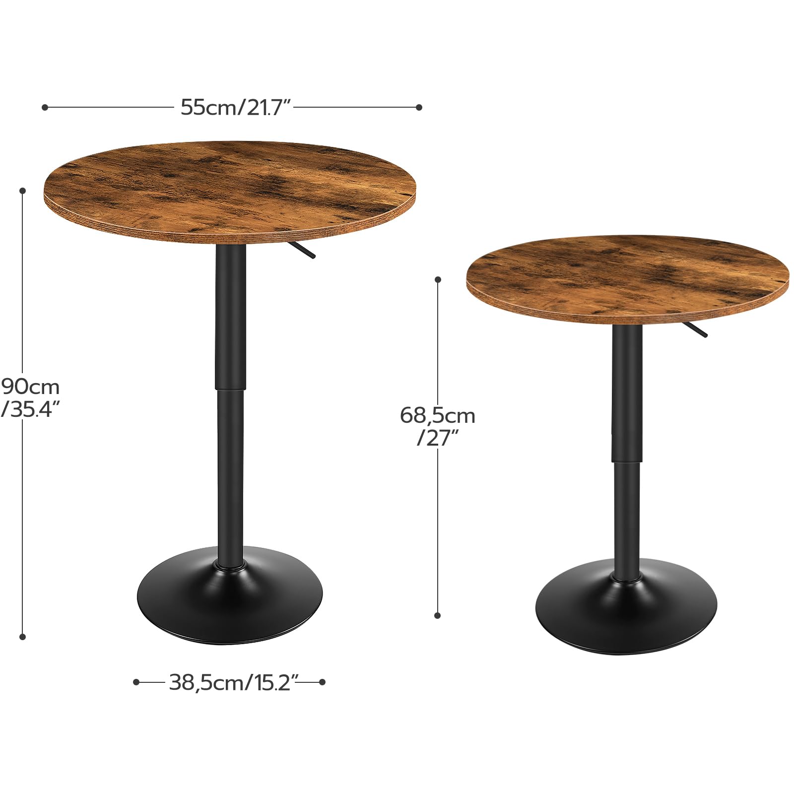 Detailed dimensions and height adjustment specifications chart of HOOBRO adjustable bar table.