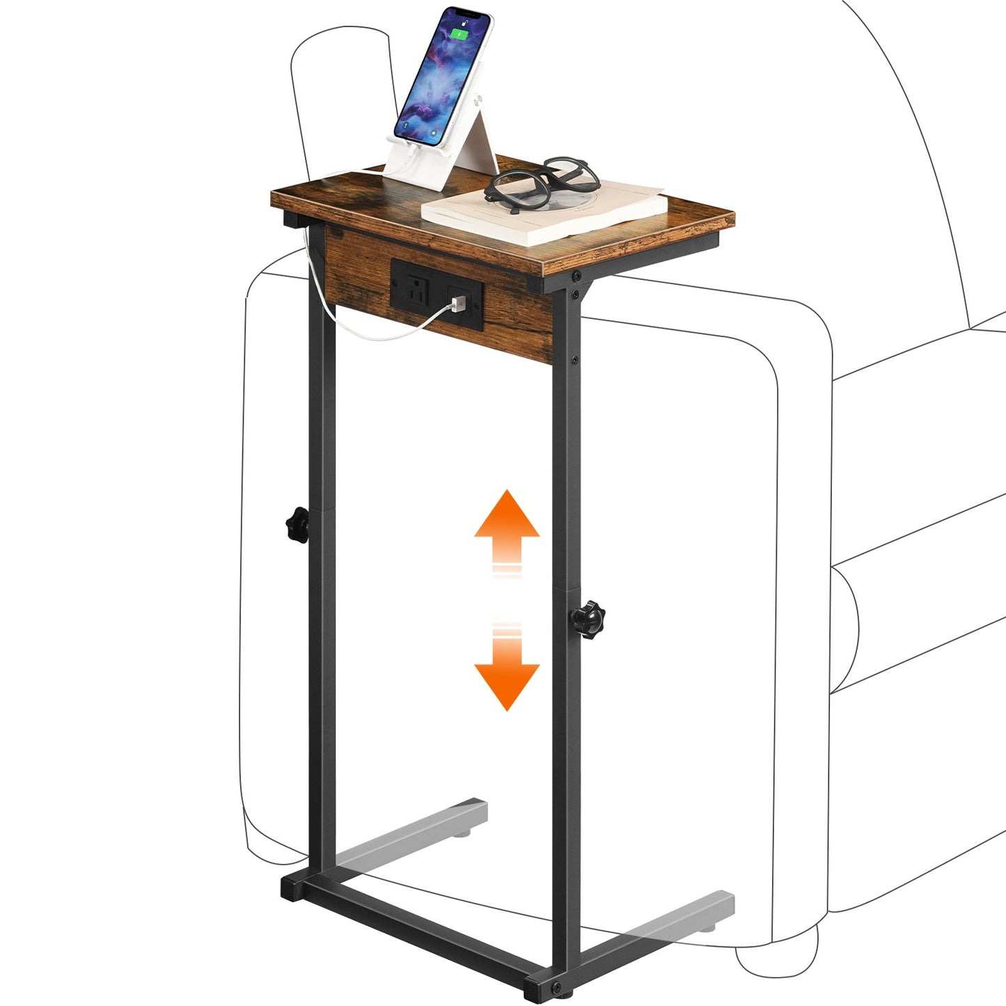 Adjustable C-shaped rustic brown side table sliding under a sofa armrest with arrows indicating height adjustment.