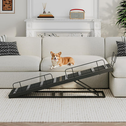 Adjustable dog ramp placed next to a living room sofa with a small breed pet.