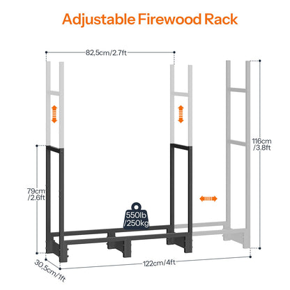 Detailed product dimensions schema showing the adjustable width and height settings of the firewood log rack.