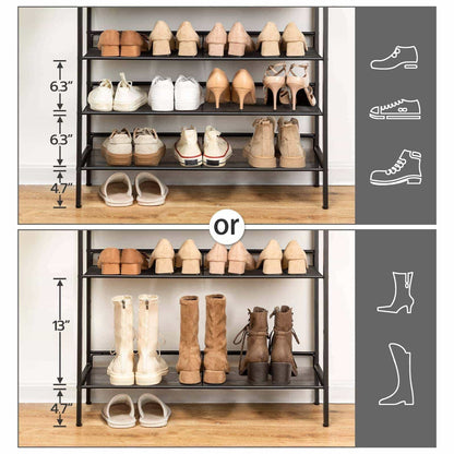 Shoe rack with various shoes on a wooden floor, showing dimensions and shoe types.