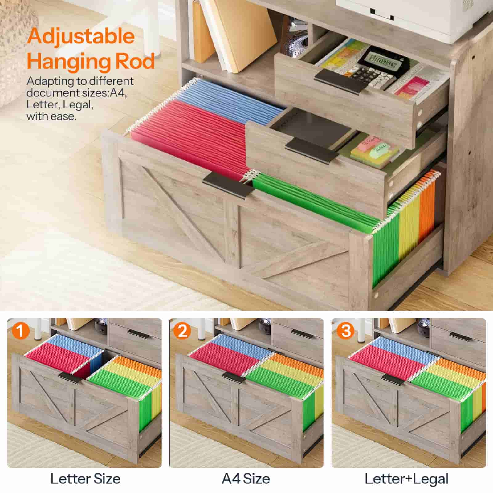 Feature callout image highlighting the adjustable hanging bars fitting Letter, A4, and Legal size files.