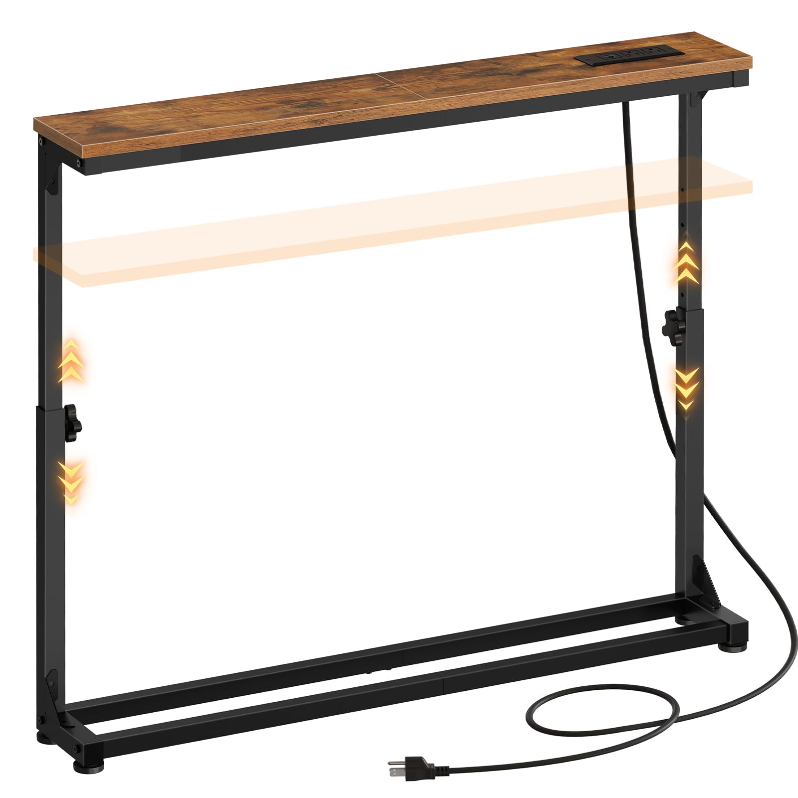 Adjustable height console table showing flexible vertical frame levels with power cord