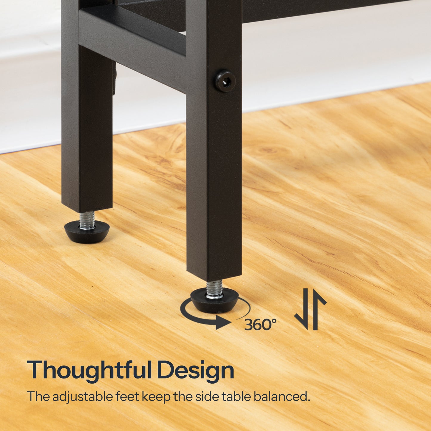 Adjustable leveling feet detail ensuring stability on uneven living room floors
