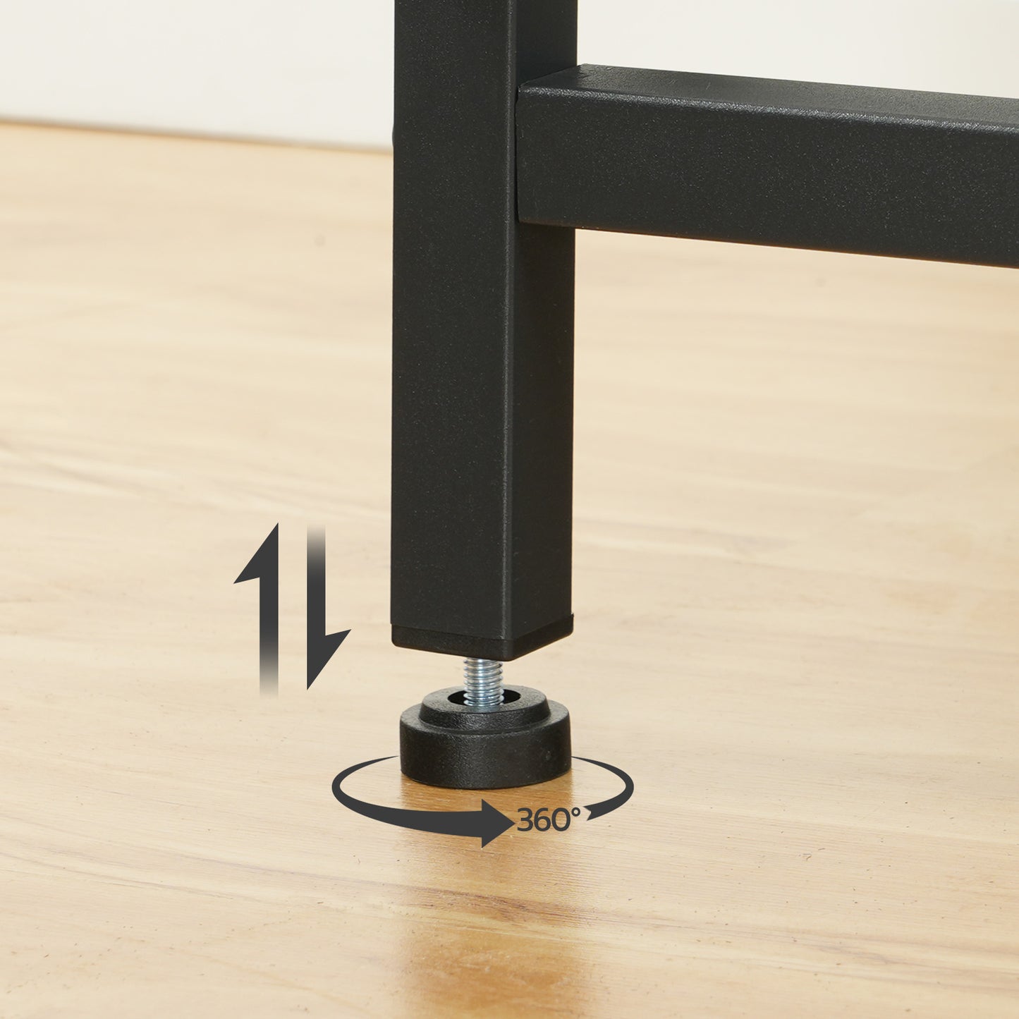 Adjustable leveling feet under the heavy metal frame of a water bottle holder to balance on uneven floors.
