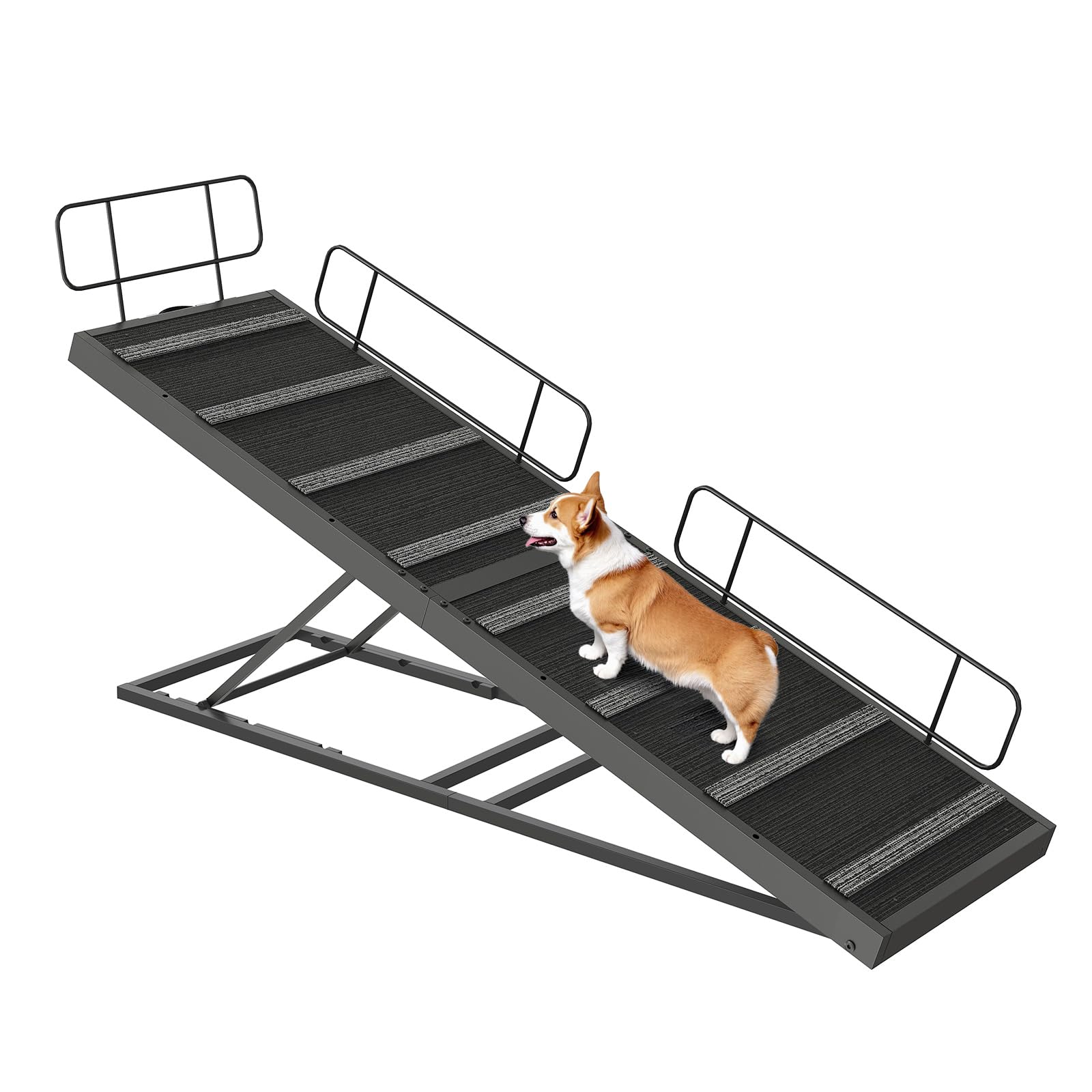 Heavy-duty adjustable pet ramp with safety side rails for medium and small dogs.