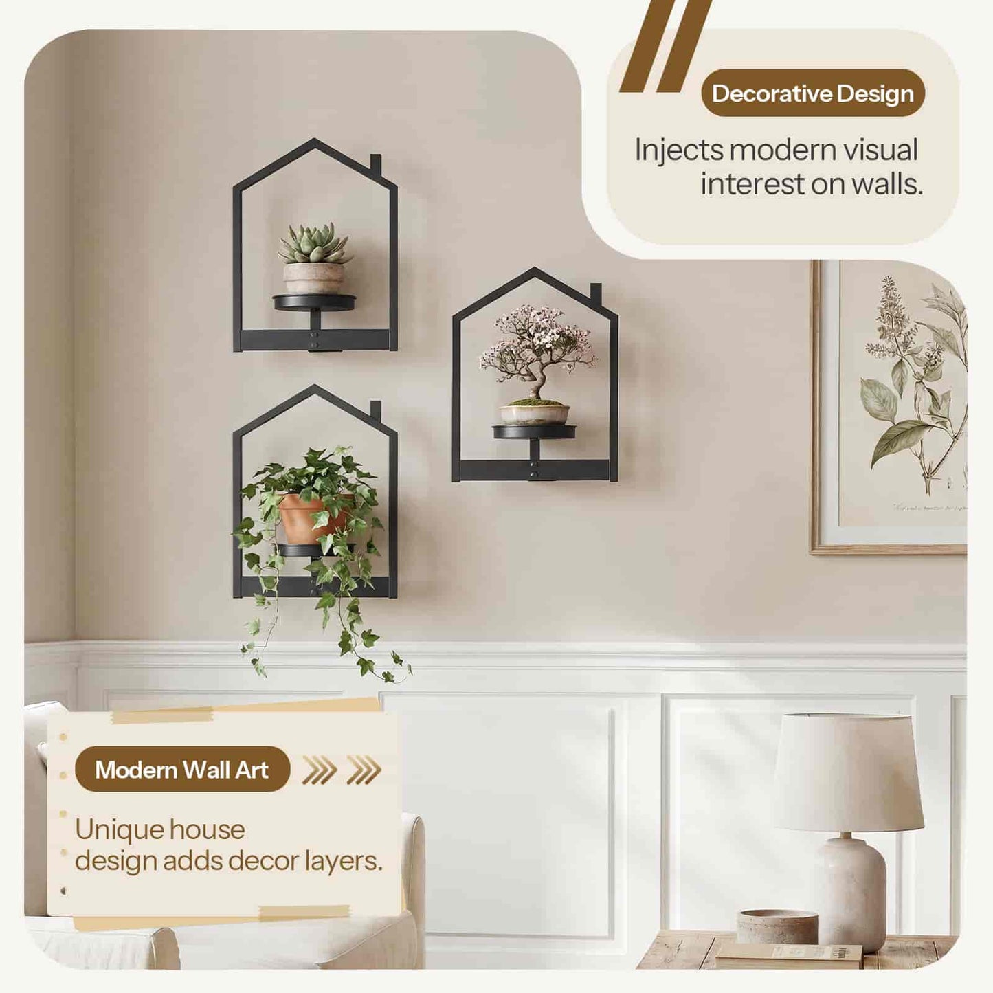 Elegantly decorated lifestyle view of house-shaped wall shelves with a living room table lamp in the foreground.
