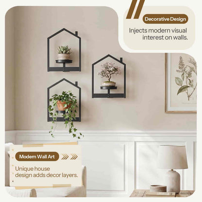 Elegantly decorated lifestyle view of house-shaped wall shelves with a living room table lamp in the foreground.