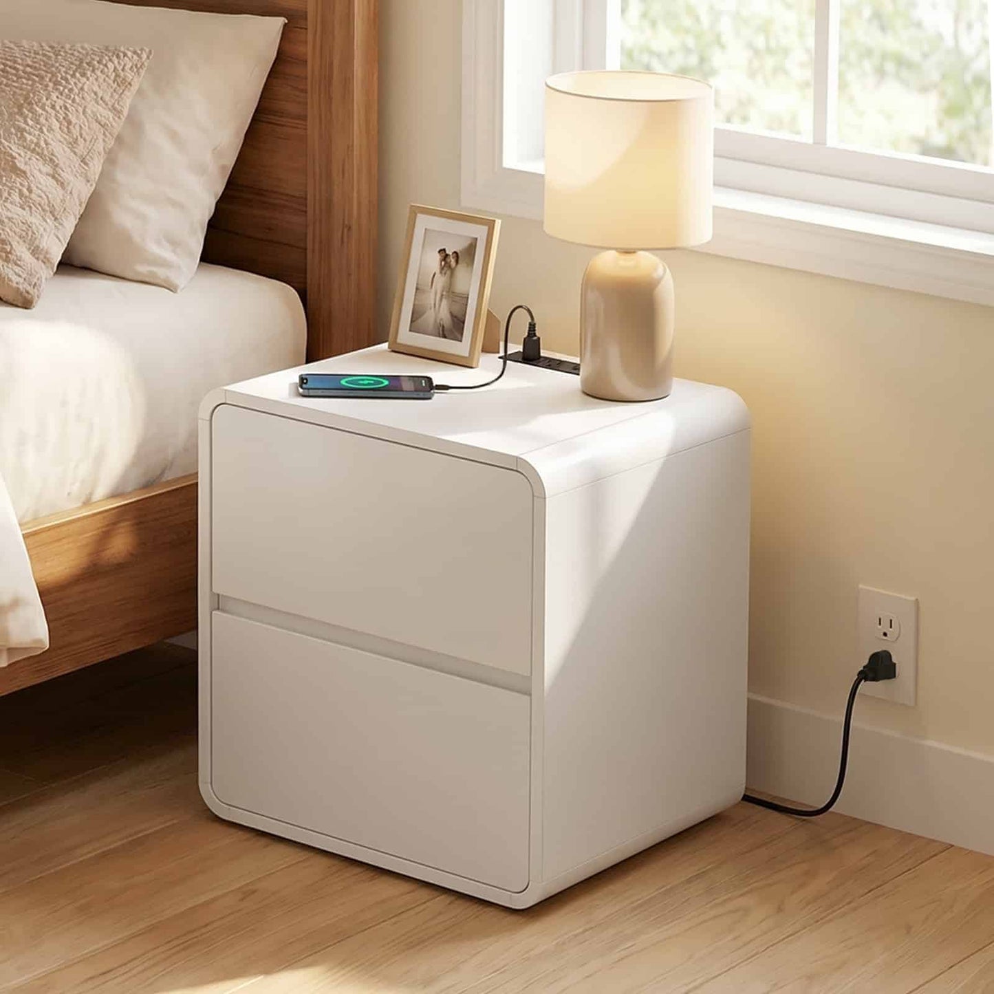 White nightstand with lamp and phone on a wooden floor next to a bed.