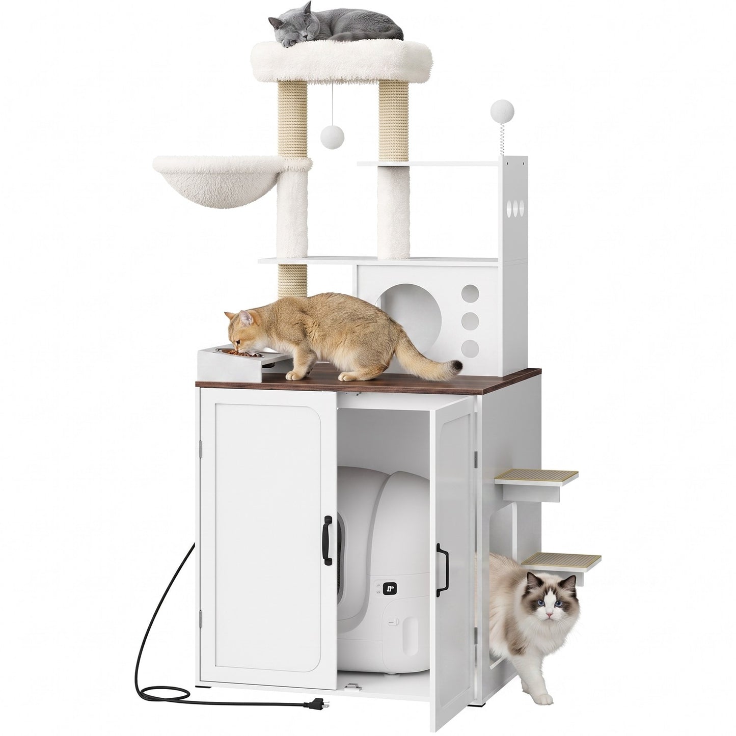All-in-one white and rustic brown cat tree with hidden cat litter box enclosure cabinet showing cats exploring different tiers.
