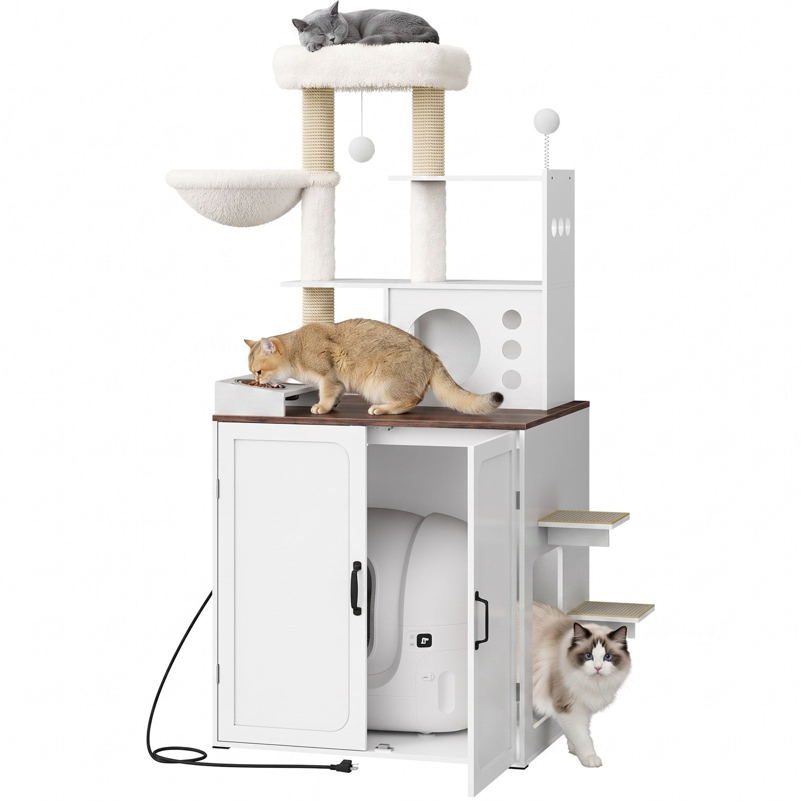 All-in-one white and rustic brown cat tree with hidden cat litter box enclosure cabinet showing cats exploring different tiers.