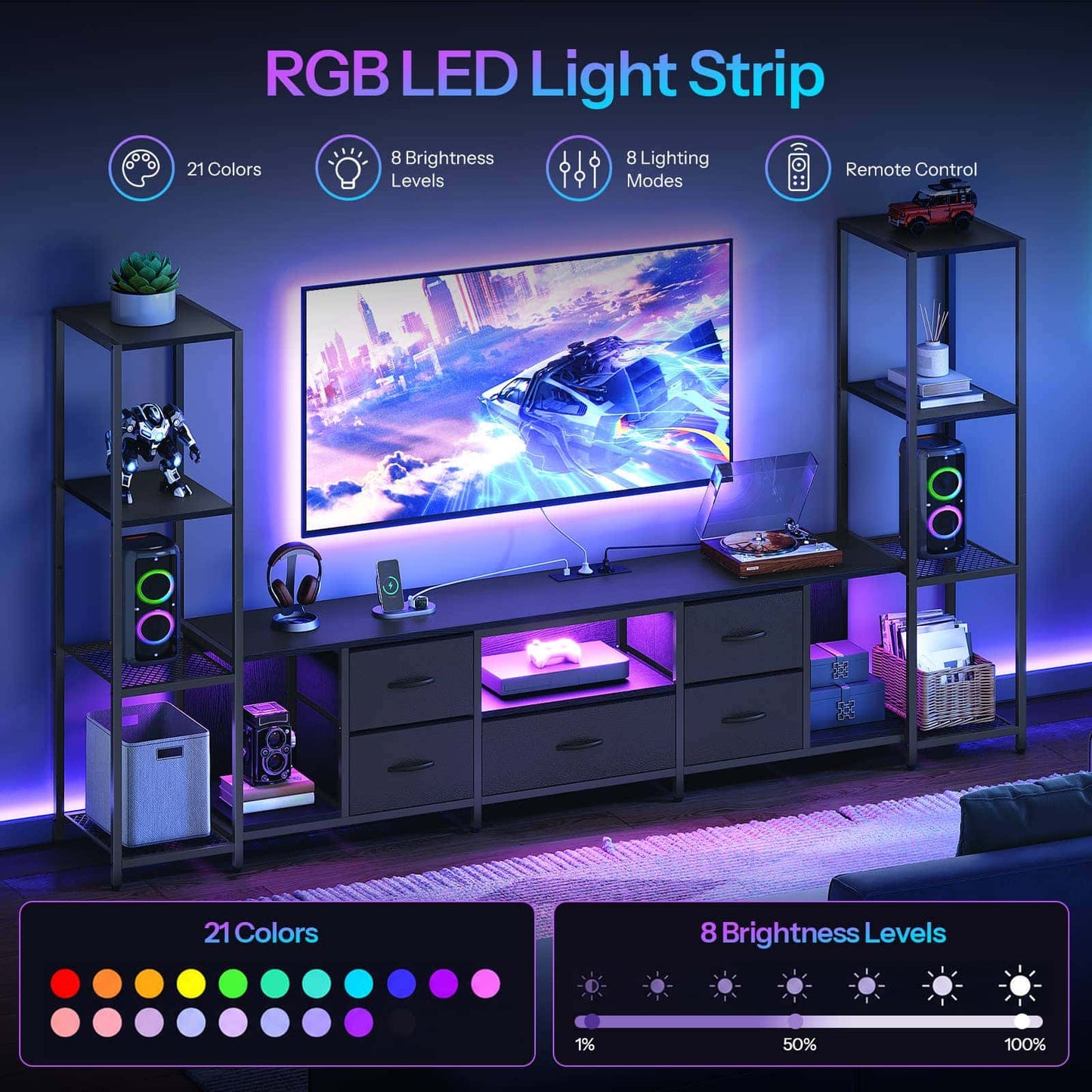RGB LED light strip set shown installed on shelving and a TV stand in a living room setup, with a TV on. The image includes feature callouts: 21 colors, 8 brightness levels, 8 lighting modes, and remote control.