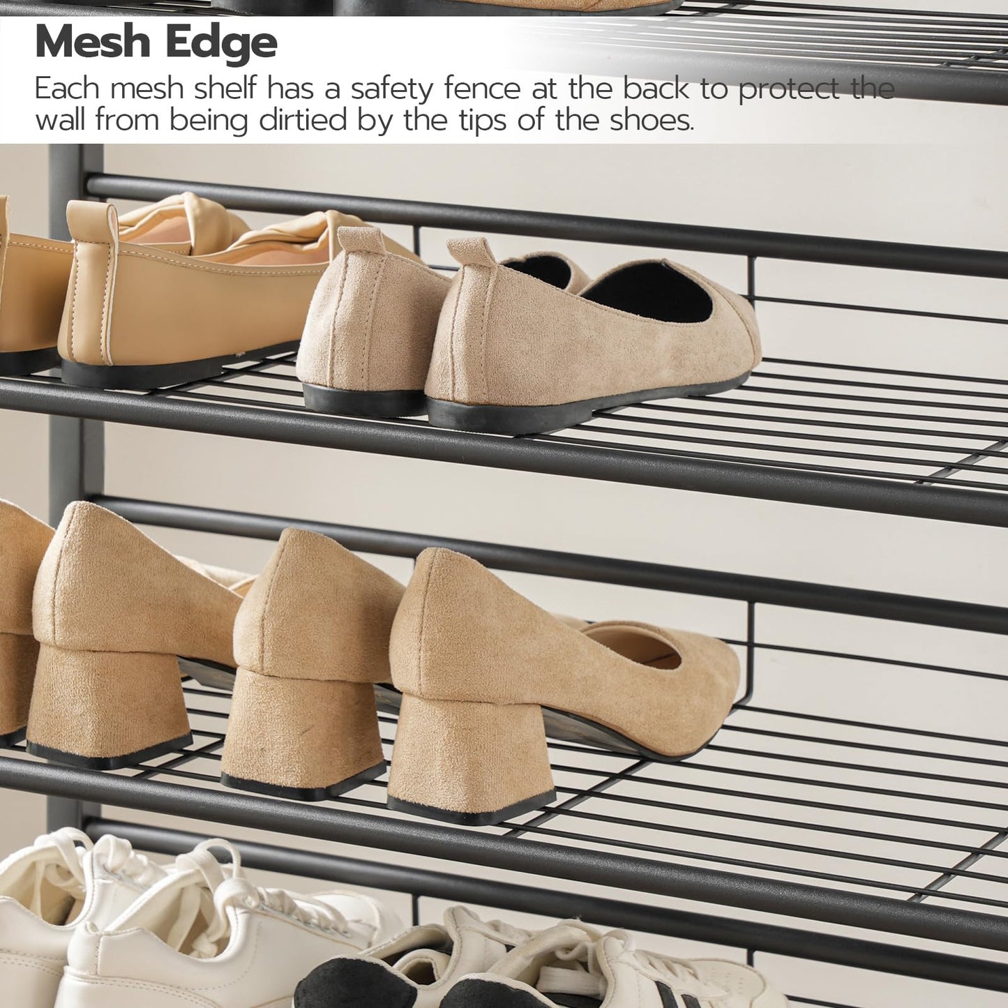 Close up of high heels resting safely on metal mesh shelves detailing the anti-drop raised safety lip design.
