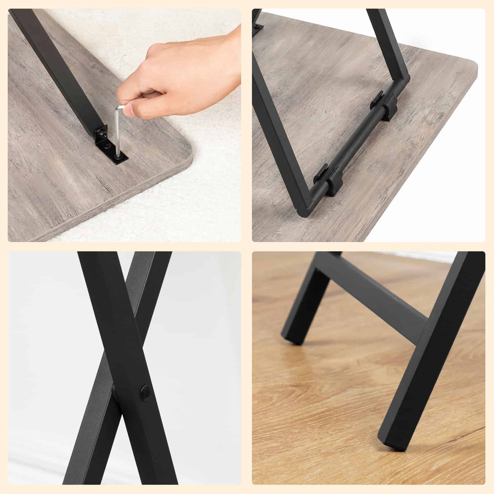 Multi-panel detail view showcasing the secure locking plastic buckles, sturdy X-metal cross joints, and non-slip feet.