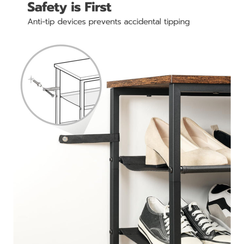 Diagram showing an anti-tip wall-anchoring hardware kit to prevent the shoe rack from accidental tipping.