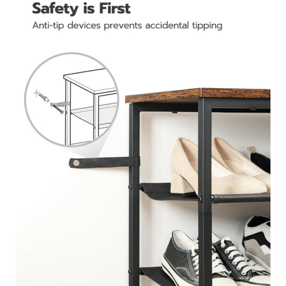 Diagram showing an anti-tip wall-anchoring hardware kit to prevent the shoe rack from accidental tipping.