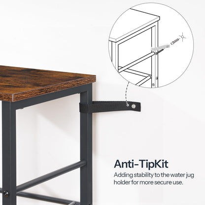 Secure anti-tip kit hardware attaching the tall metal water jug rack to the wall for family safety.