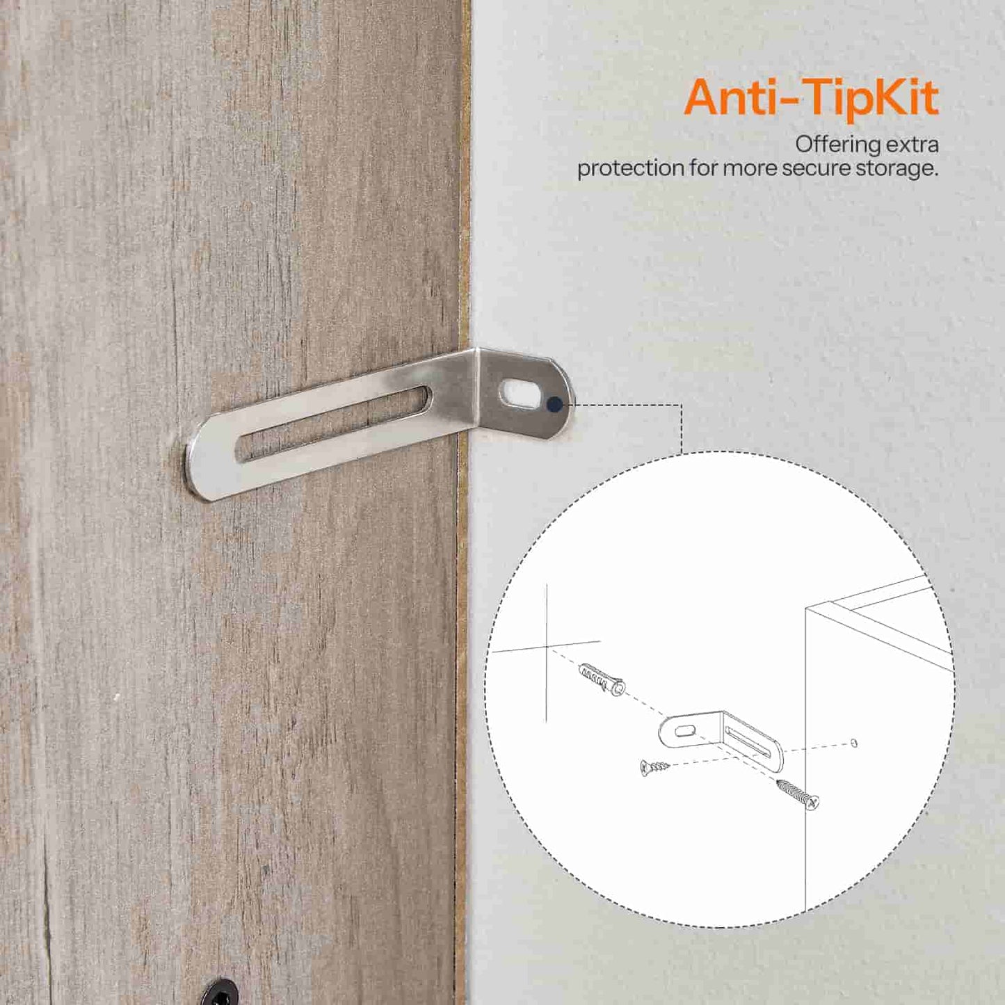 Infographic demonstrating the industrial-grade anti-tip wall mount kit for family and office safety.
