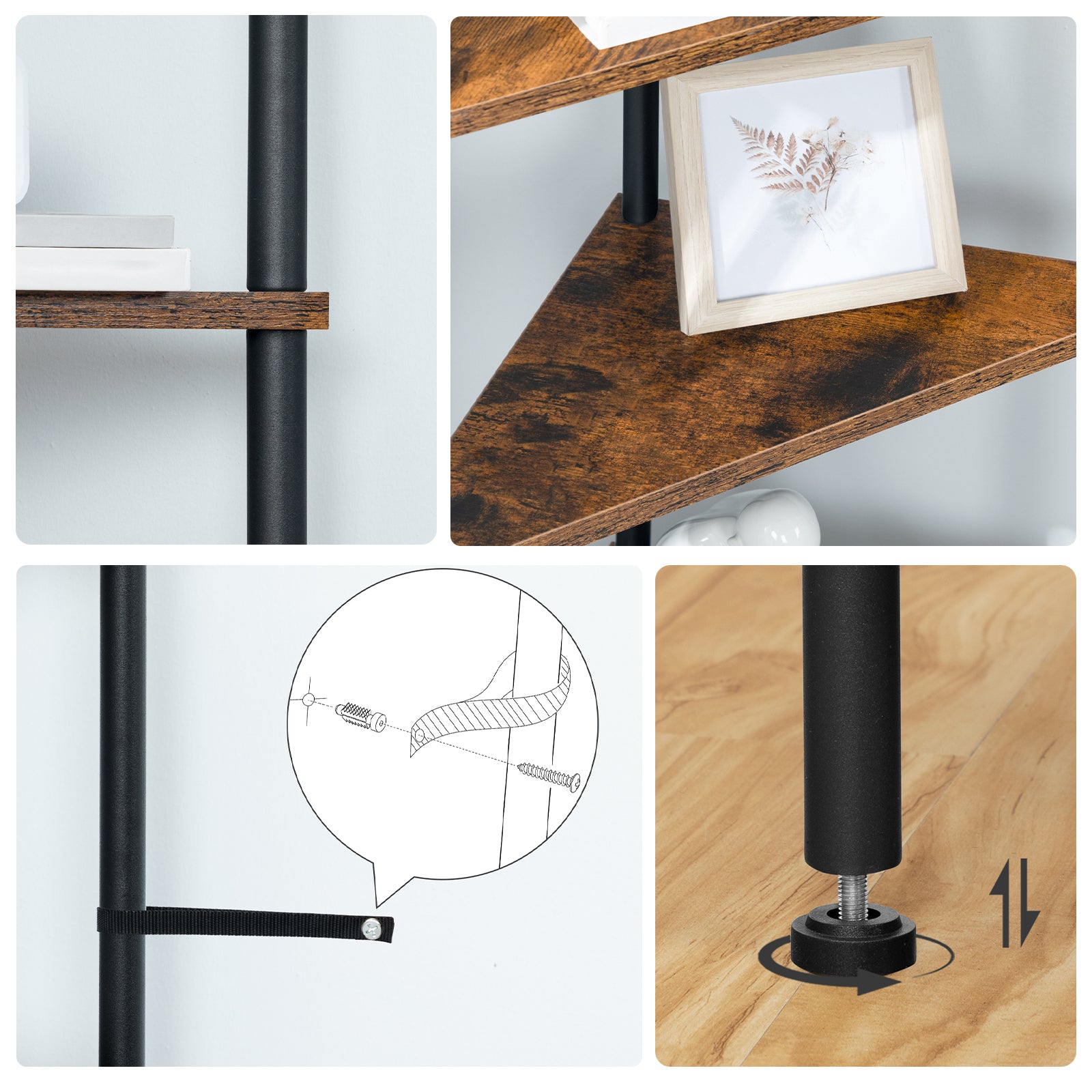 Hardware specifications including an anti-tipping device, metal frame, and adjustable leveling feet.
