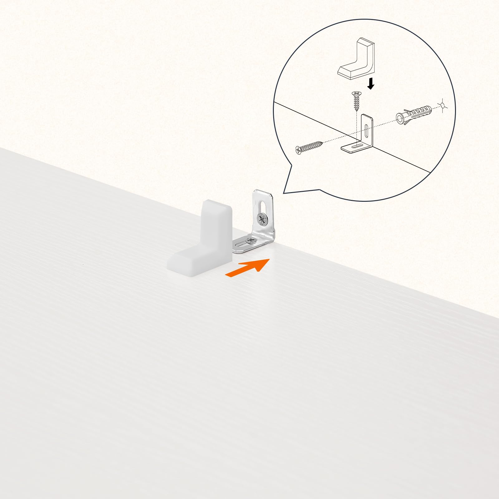 Technical diagram detailing how to install the anti tipping plastic wall anchor kit into drywall for stability.
