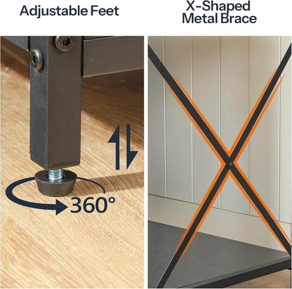 Two features of a piece of furniture: adjustable feet and X-shaped metal brace, shown on a wooden floor.