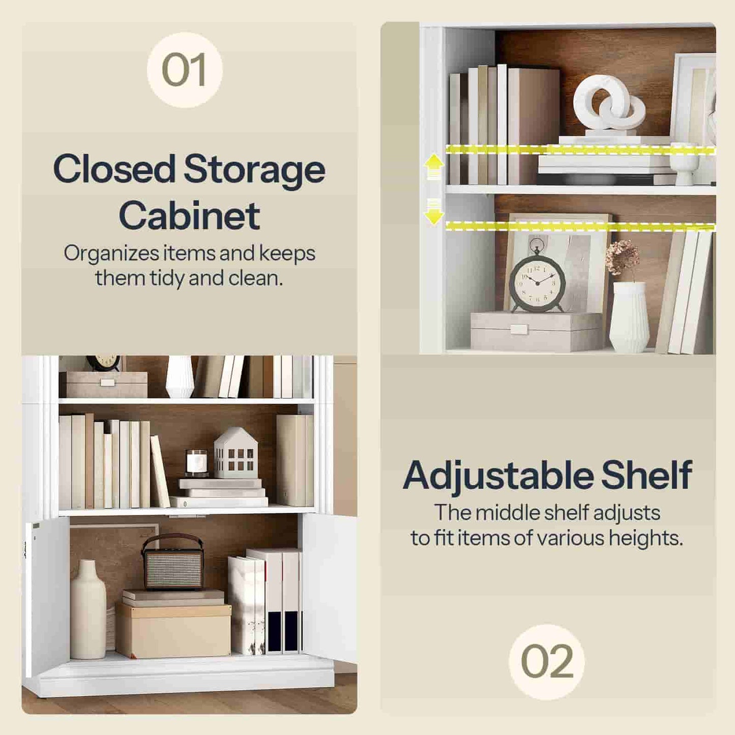 Detail infographic demonstrating the closed bottom storage cabinet and custom height adjustable interior shelves.