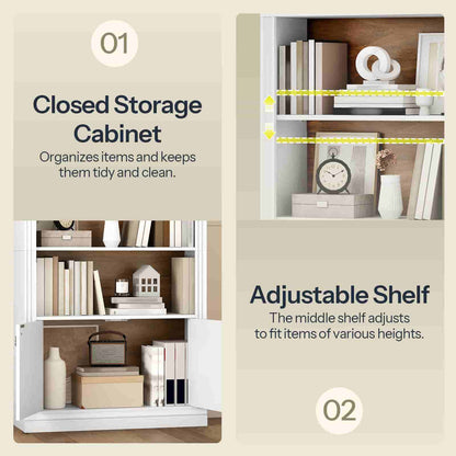 Detail infographic demonstrating the closed bottom storage cabinet and custom height adjustable interior shelves.