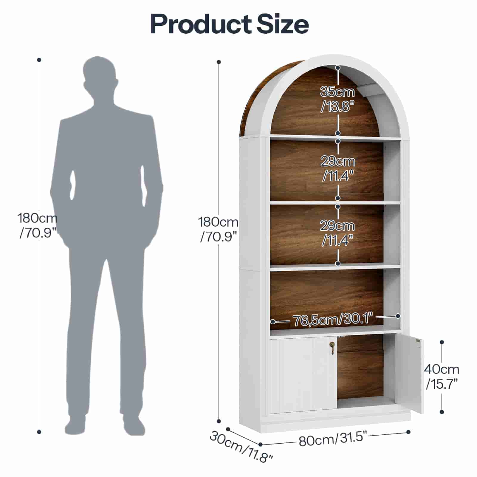  Detailed dimension chart of the arch bookshelf showing 183cm height, 80cm width, 40cm depth, and a human height scale.