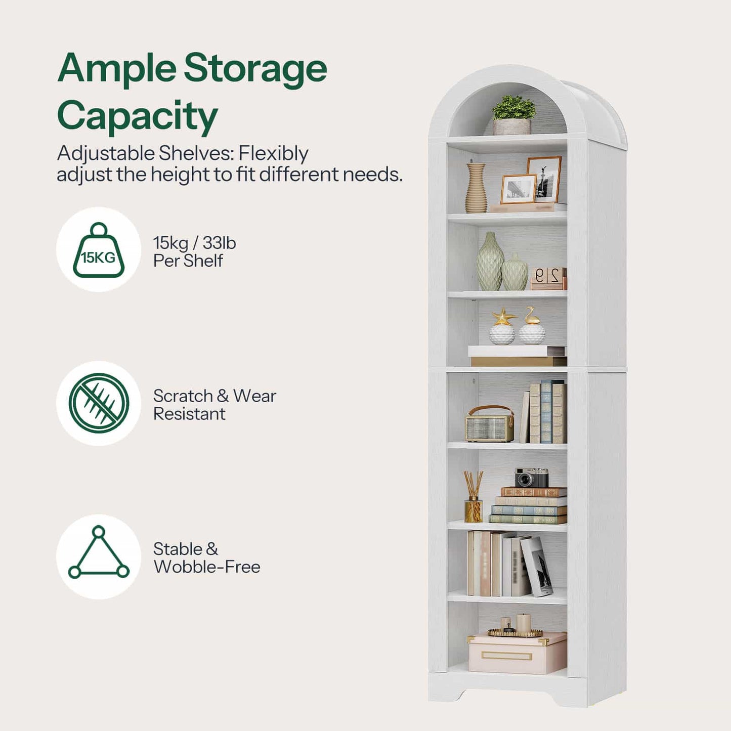 Features diagram highlighting the ample storage capacity and adjustable or removable shelves for large books.