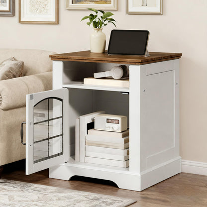 White side table with wooden top in a living room setting