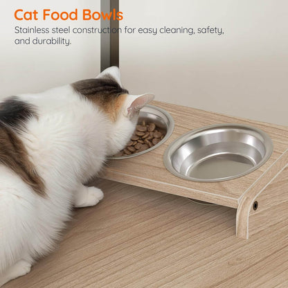 Cat eating from a stainless steel food bowl on a wooden stand with text about durability.