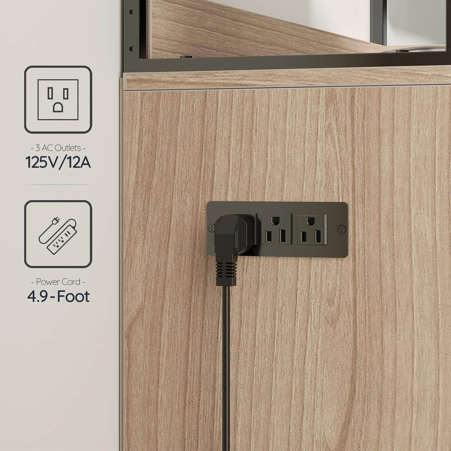 Wooden cabinet with built-in electrical outlet and power cord, labeled with specifications.