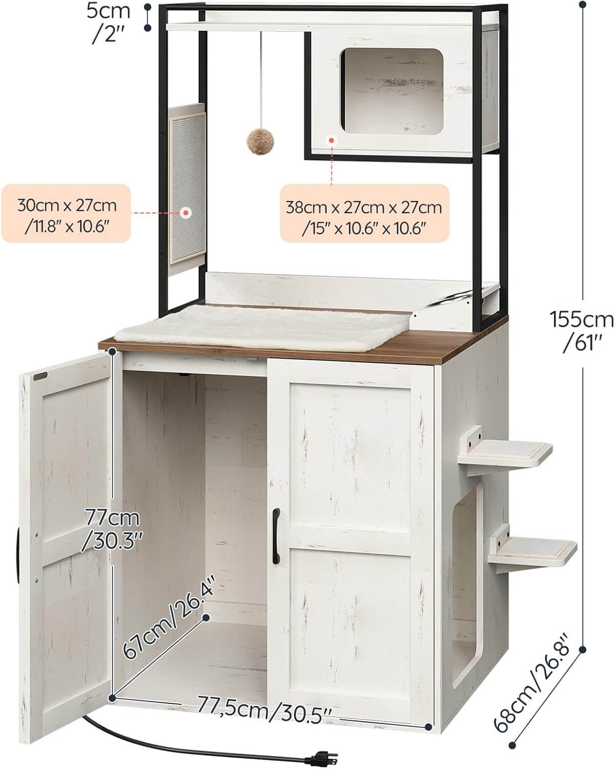White cabinet with dimensions labeled on a white background