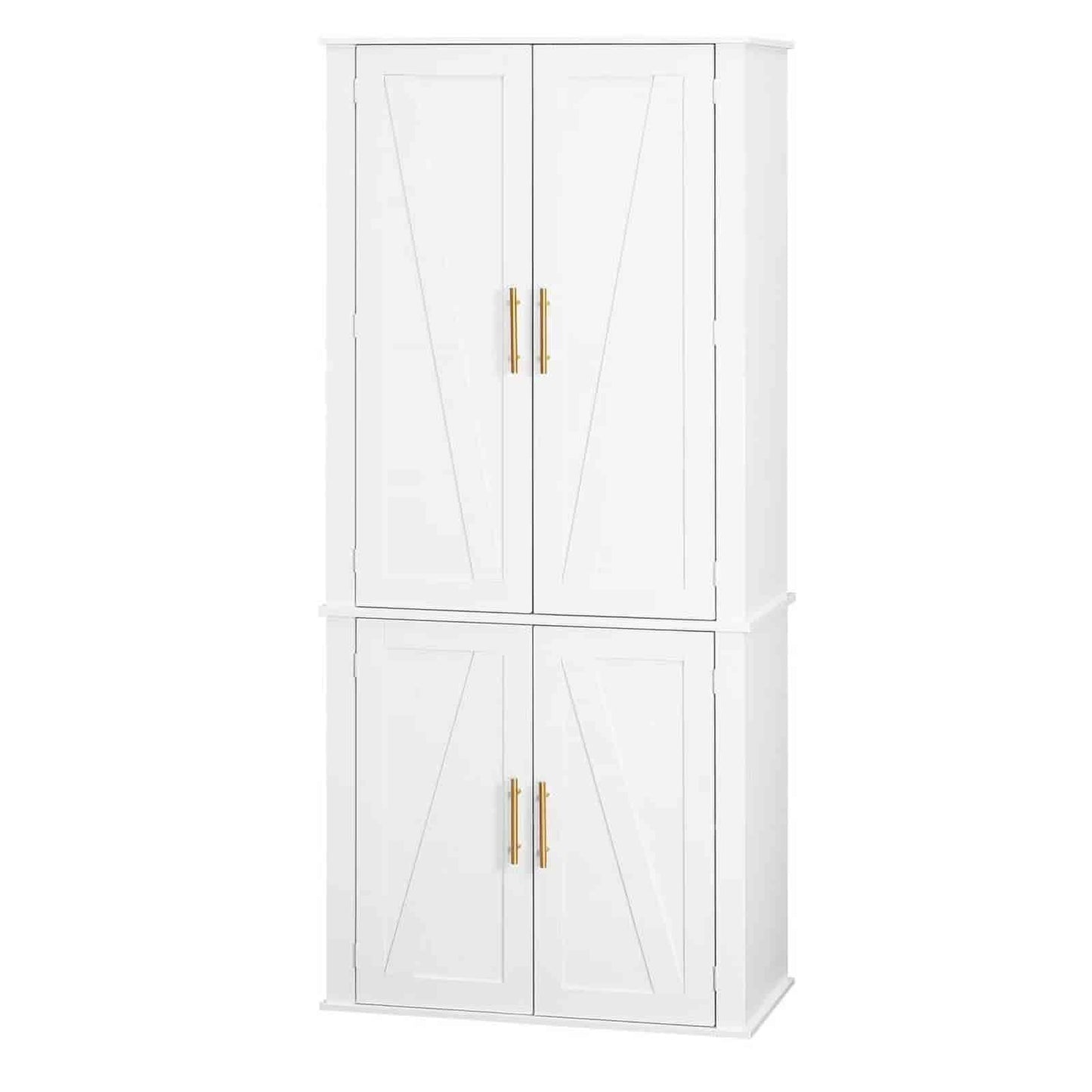 White cabinet with gold handles on a white background