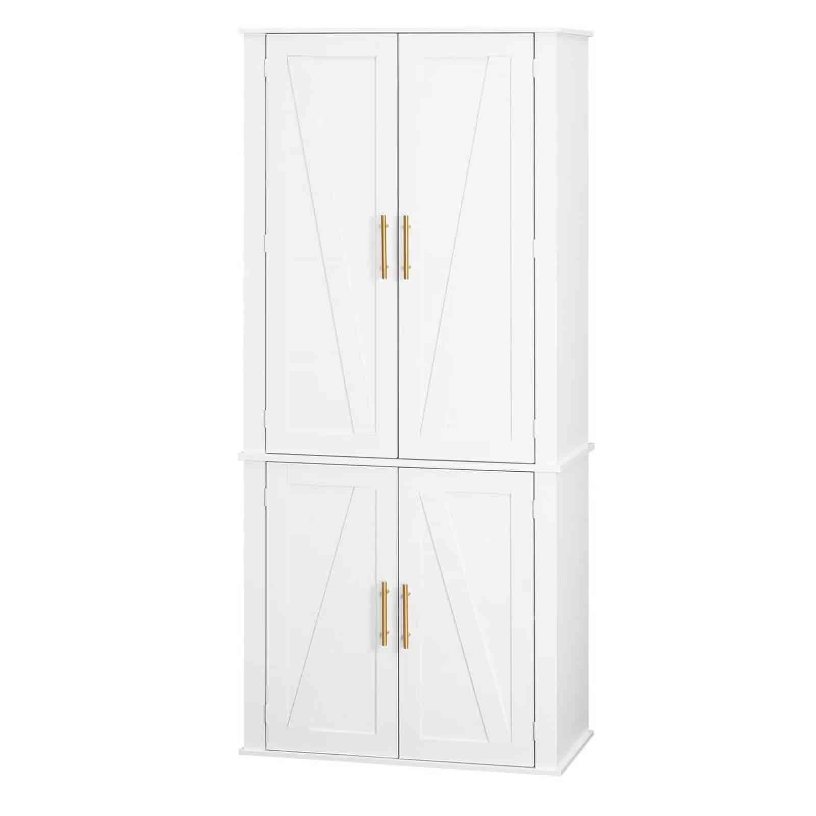 White cabinet with gold handles on a white background