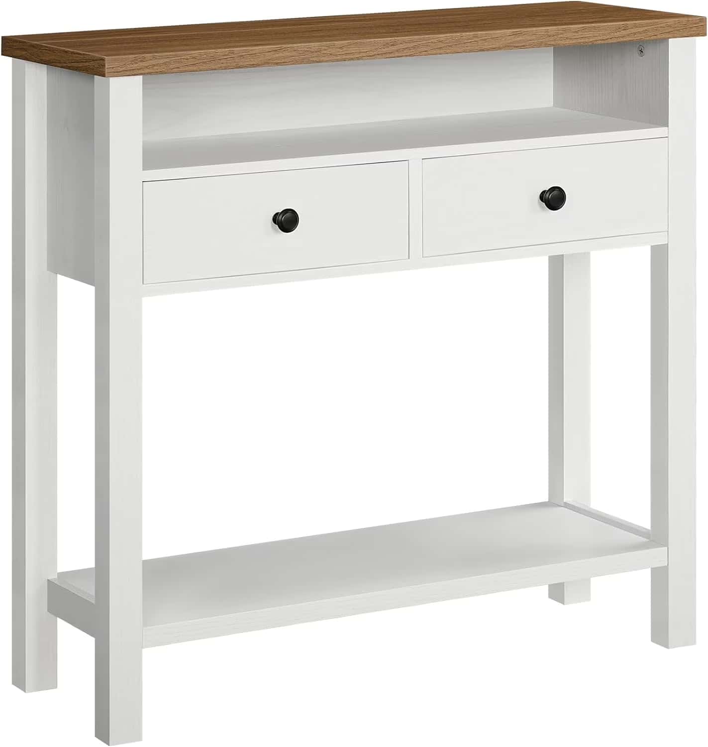 White console table with wooden top and two drawers on a white background