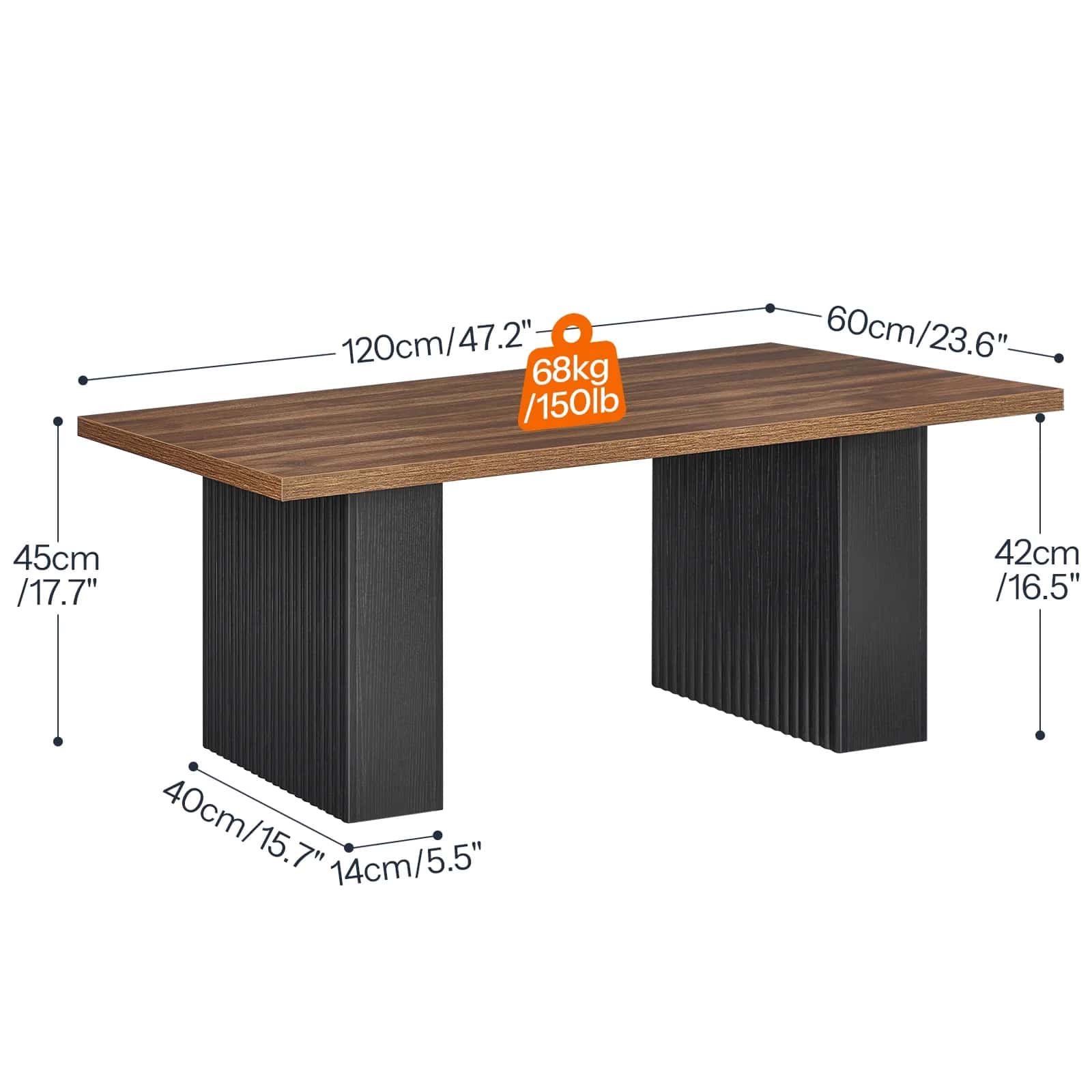 Wooden table with dimensions and weight label on a white background