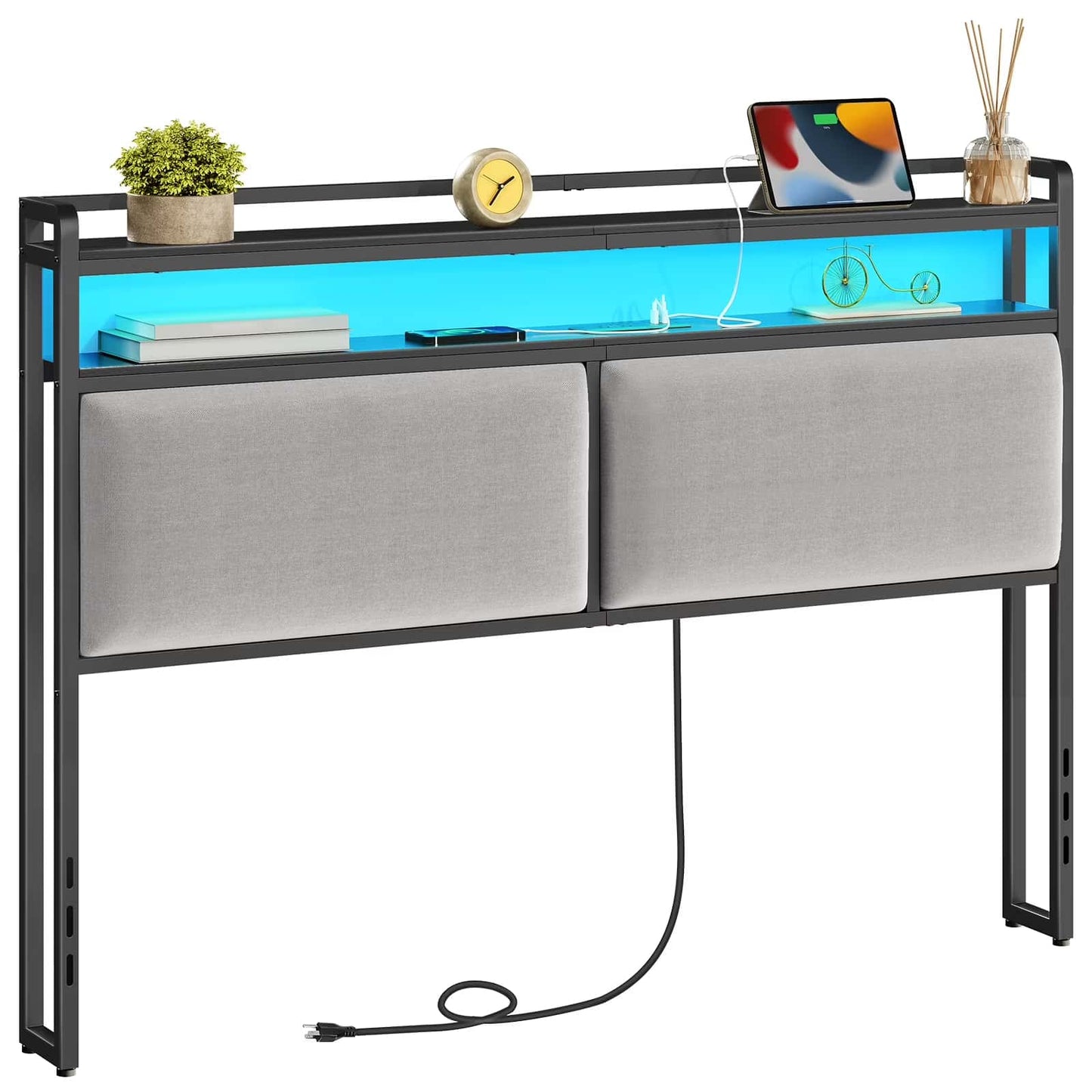 Modern desk with shelves, plants, and a tablet on a white background