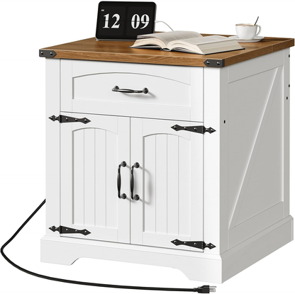 White cabinet with wooden top, book, and digital clock on a white background
