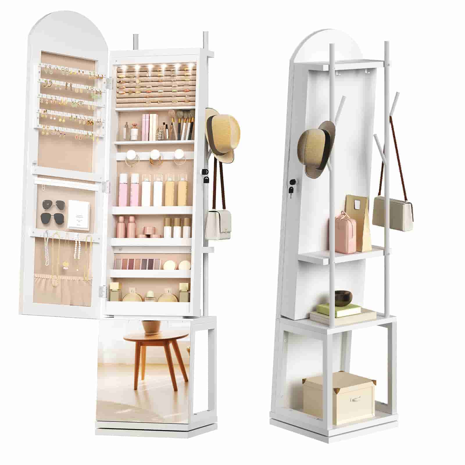 Side and back view of the jewelry tower showing clothing hooks and lower display shelves.
