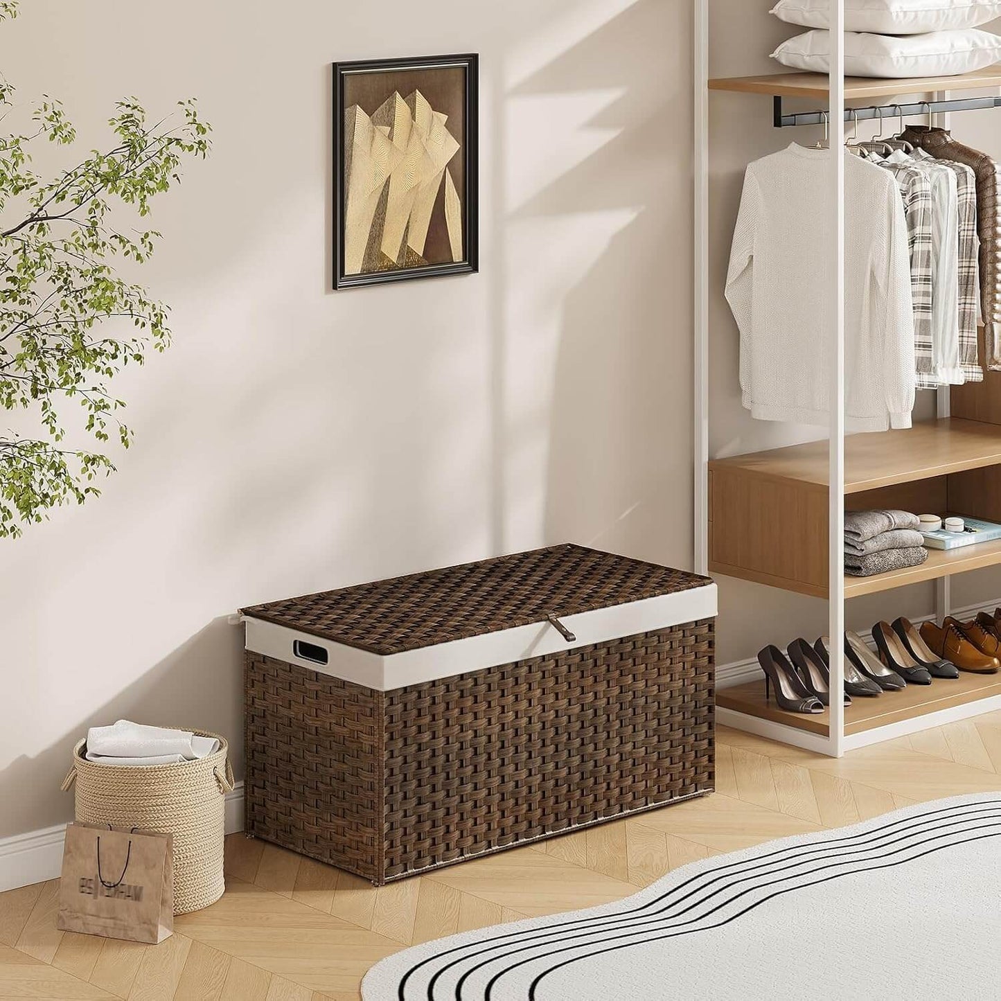 Wicker storage basket in a room with a coat rack and shoes