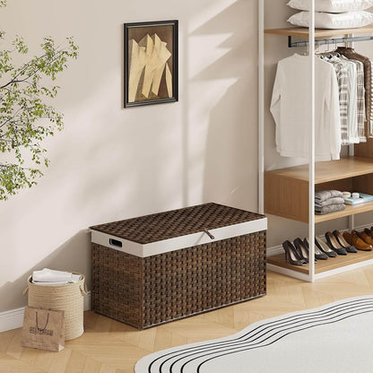 Wicker storage basket in a room with a coat rack and shoes