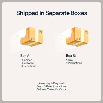 An informational graphic stating 'Shipped in Separate Boxes' with two illustrated cardboard boxes labeled Box A and Box B. Box A includes Cabinet, Hardware, and Instructions, while Box B includes Sink and Instructions.