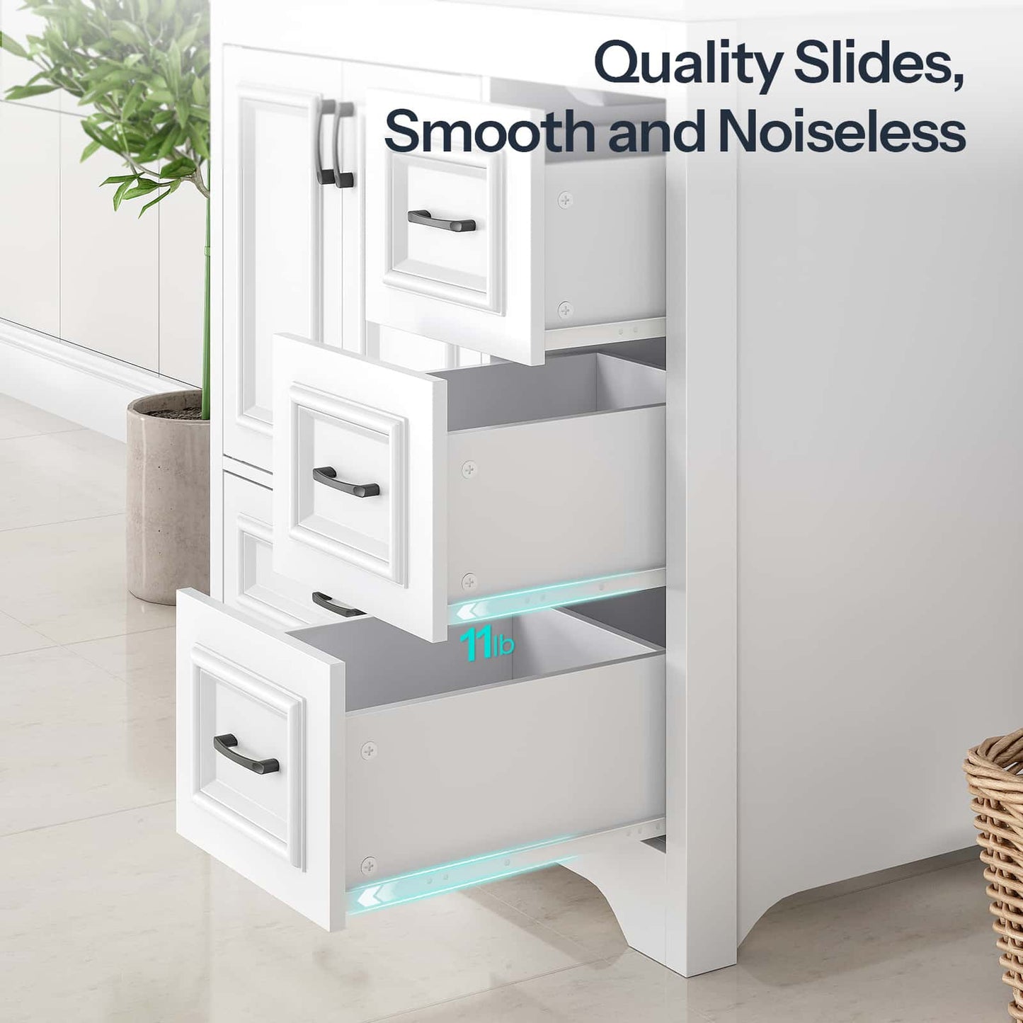 White bathroom cabinet with open drawers and shelves, featuring quality slides and smooth operation.
