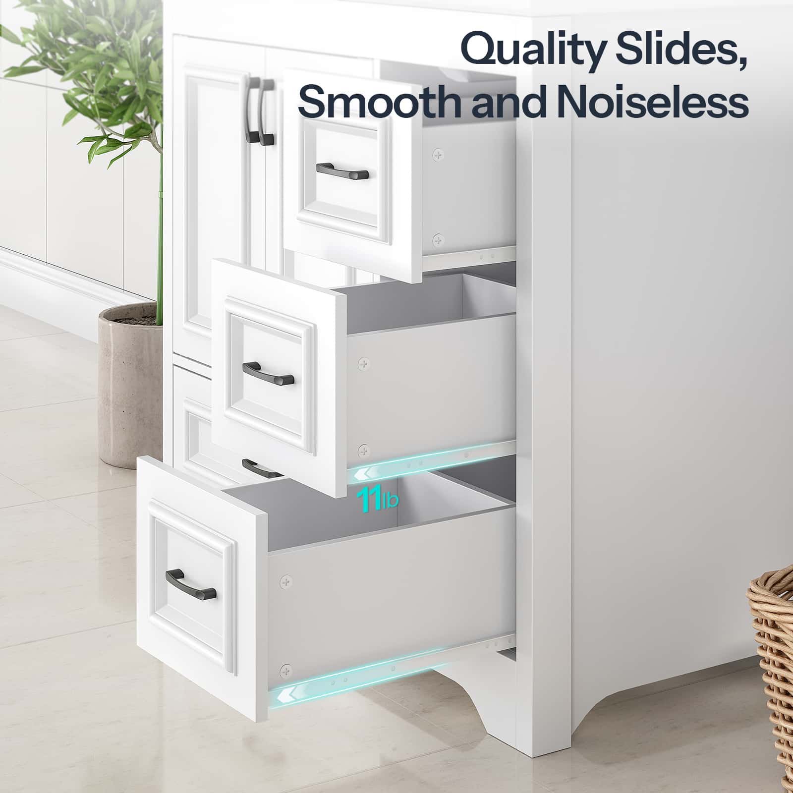 White bathroom cabinet with open drawers and shelves, featuring quality slides and smooth operation.