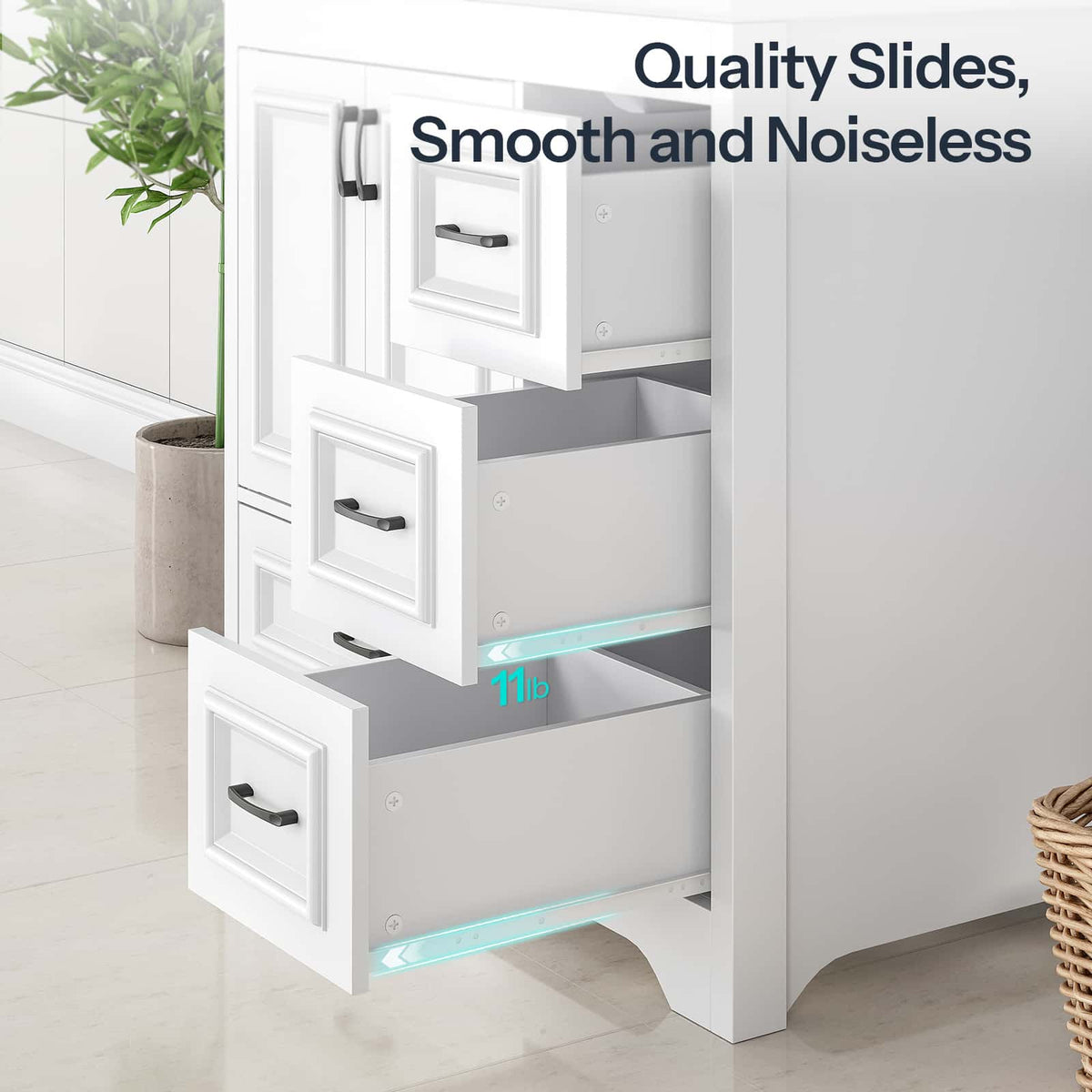 White bathroom cabinet with open drawers and shelves, featuring quality slides and smooth operation.