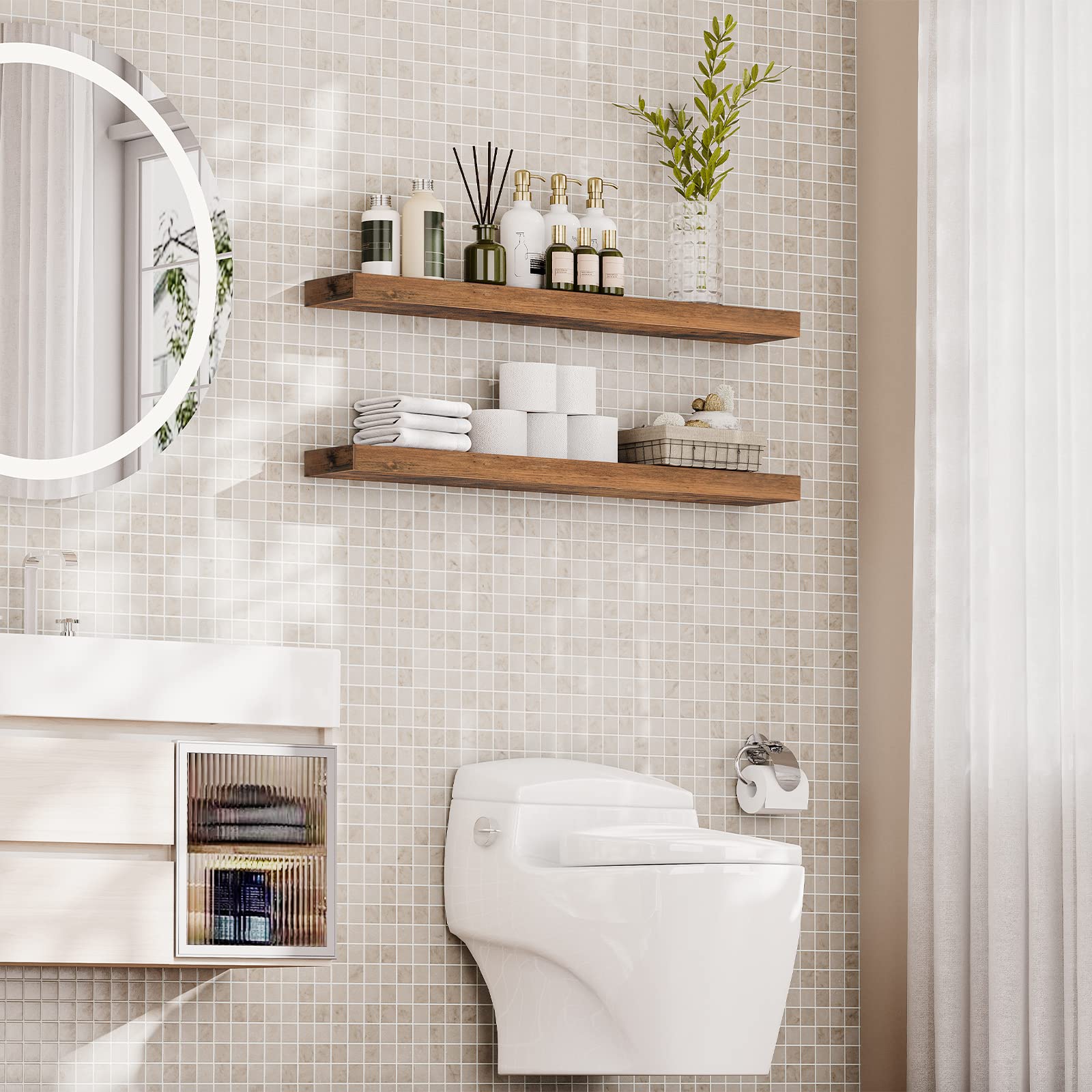 Waterproof rustic floating shelf installed over the toilet in a white modern bathroom holding cosmetics and towels.