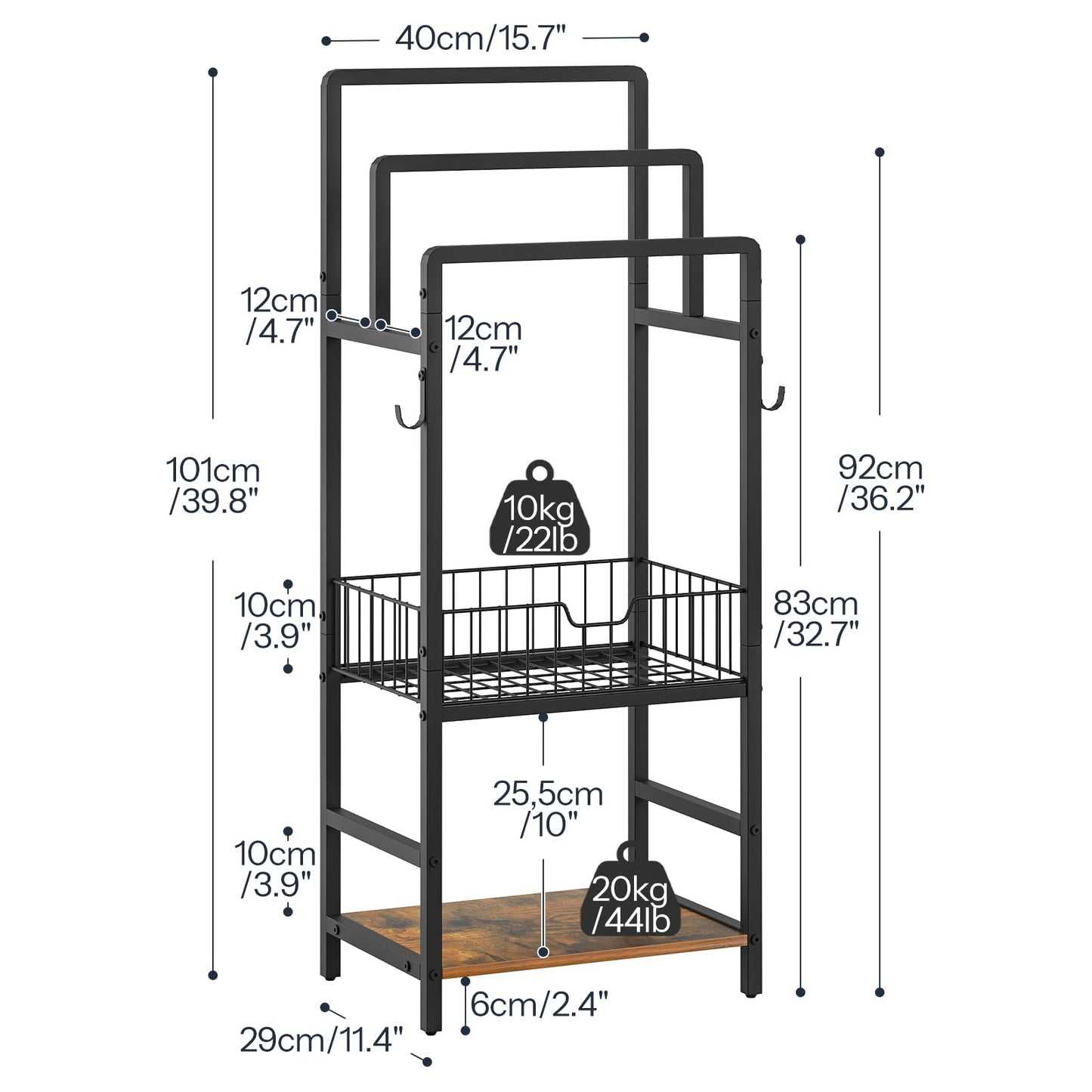 Size dimensions chart for the 39.8 inches high freestanding towel rack measuring 15.7 by 11.4 inches.