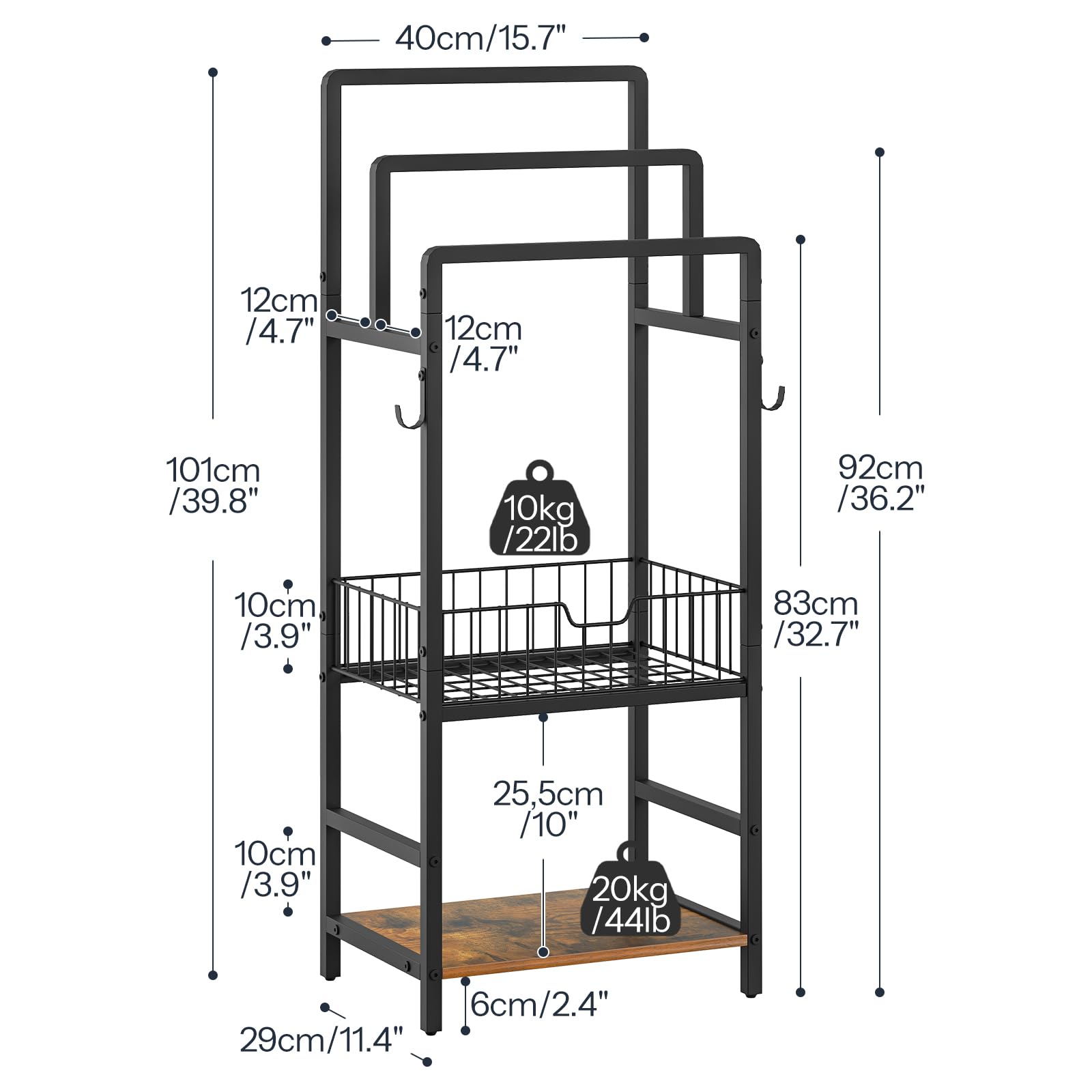 Size dimensions chart for the 39.8 inches high freestanding towel rack measuring 15.7 by 11.4 inches.